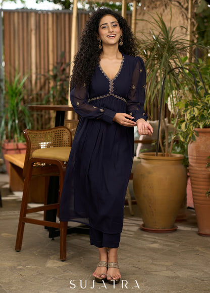 Elegant navy blue georgette Kurta with gold embroidery