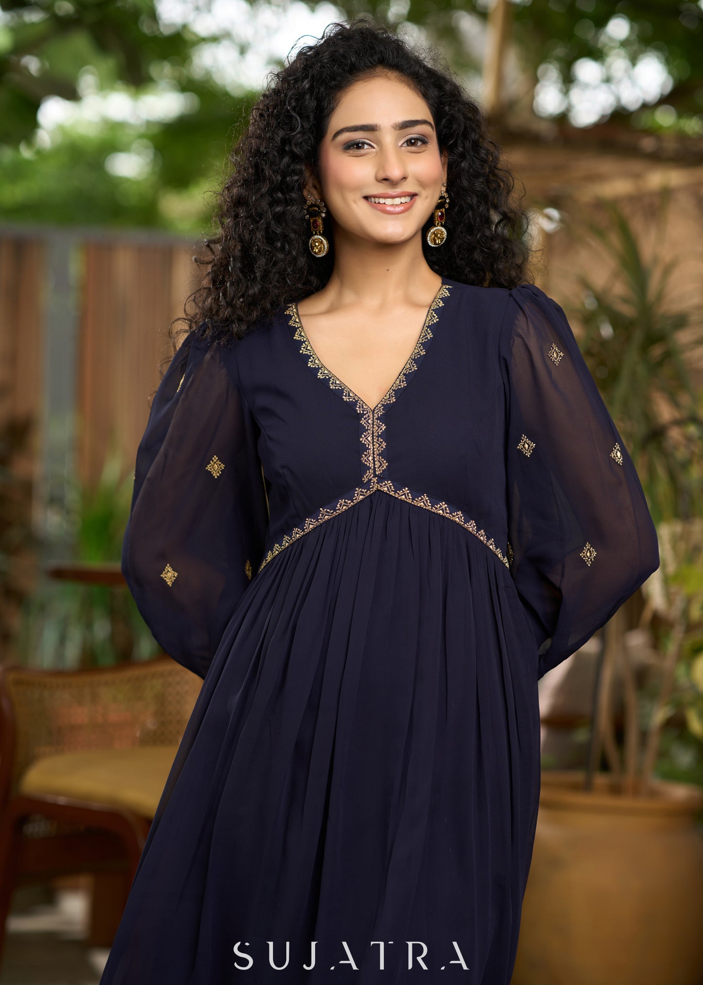 Elegant navy blue georgette Kurta with gold embroidery