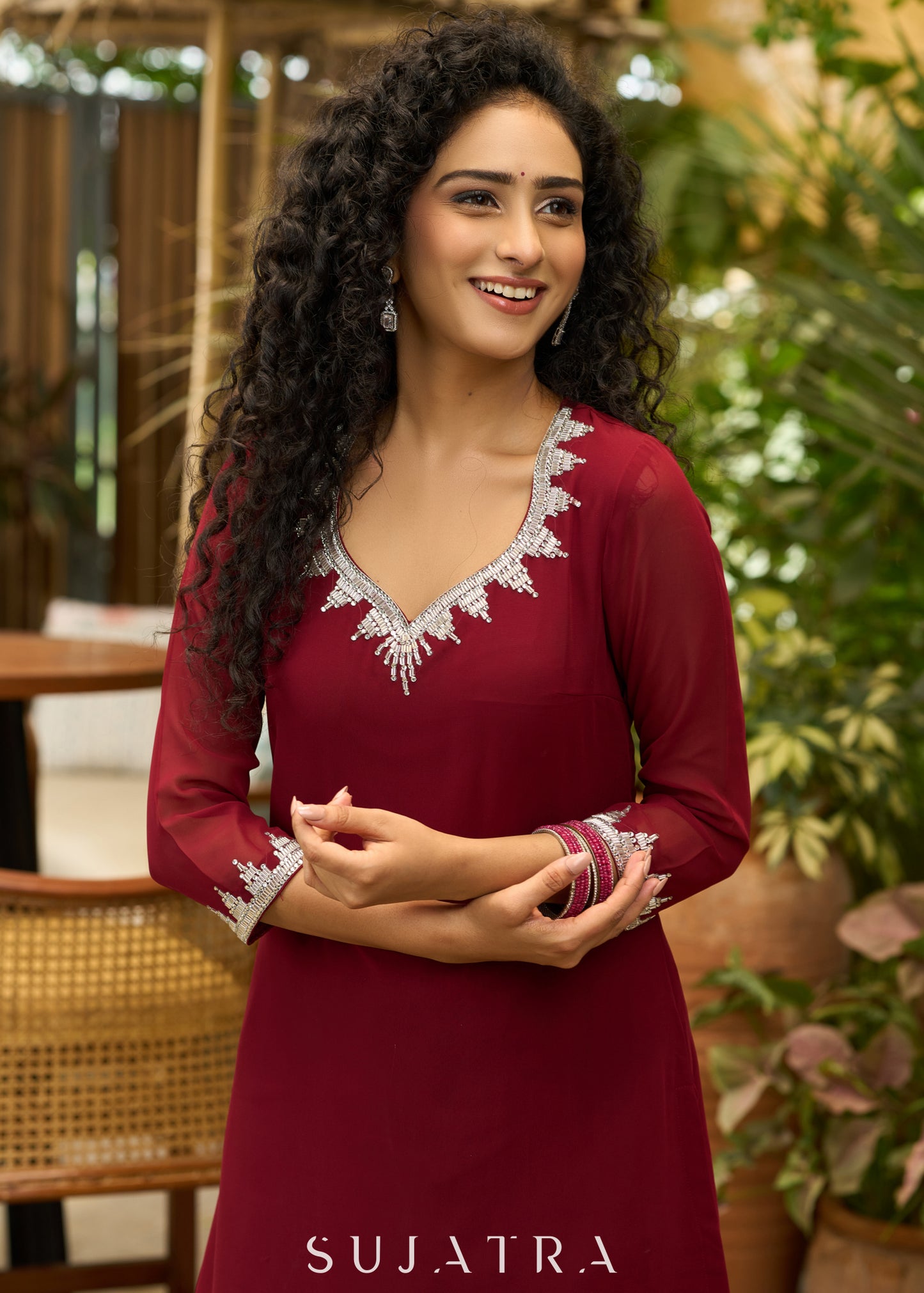 Graceful maroon georgette Kurta with silver stone embellishment