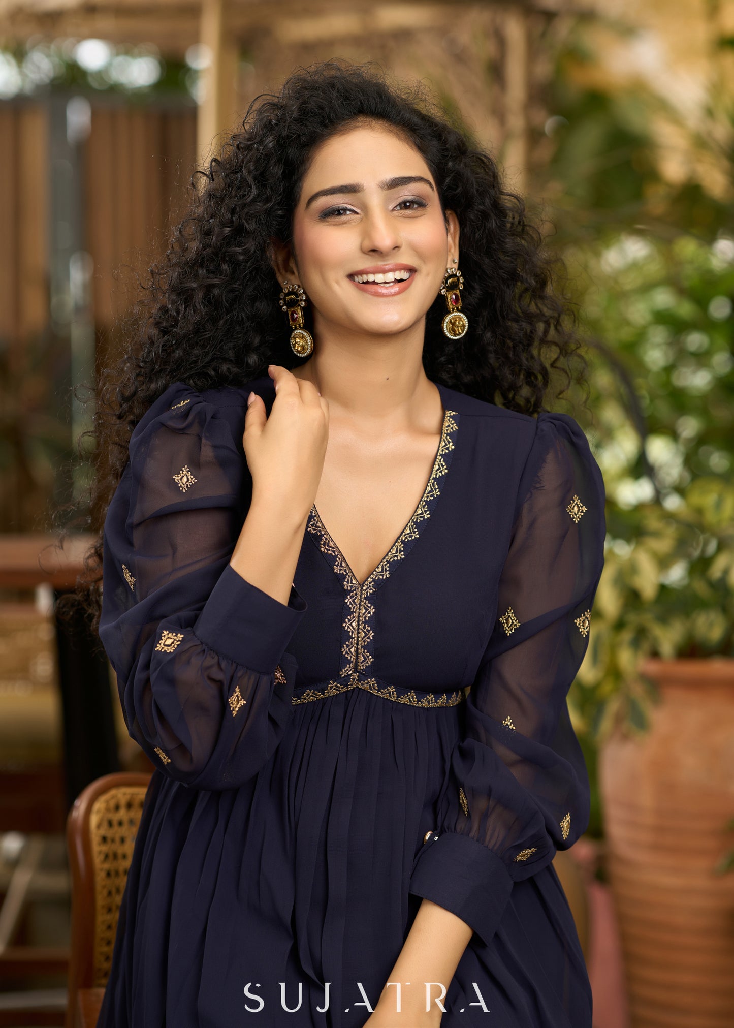 Elegant navy blue georgette Kurta with gold embroidery