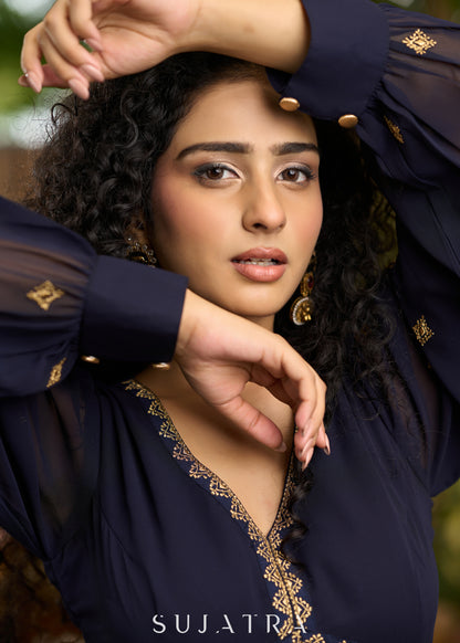 Elegant navy blue georgette Kurta with gold embroidery