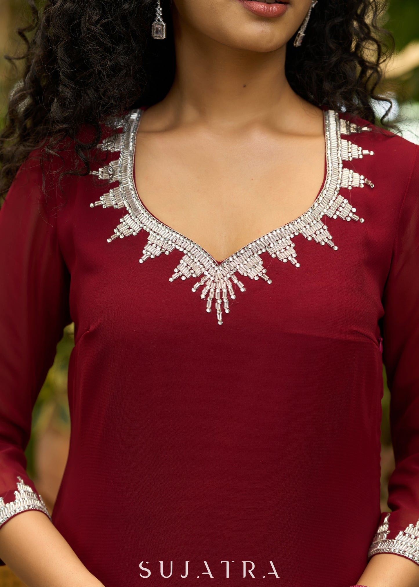 Graceful maroon georgette Kurta with silver stone embellishment