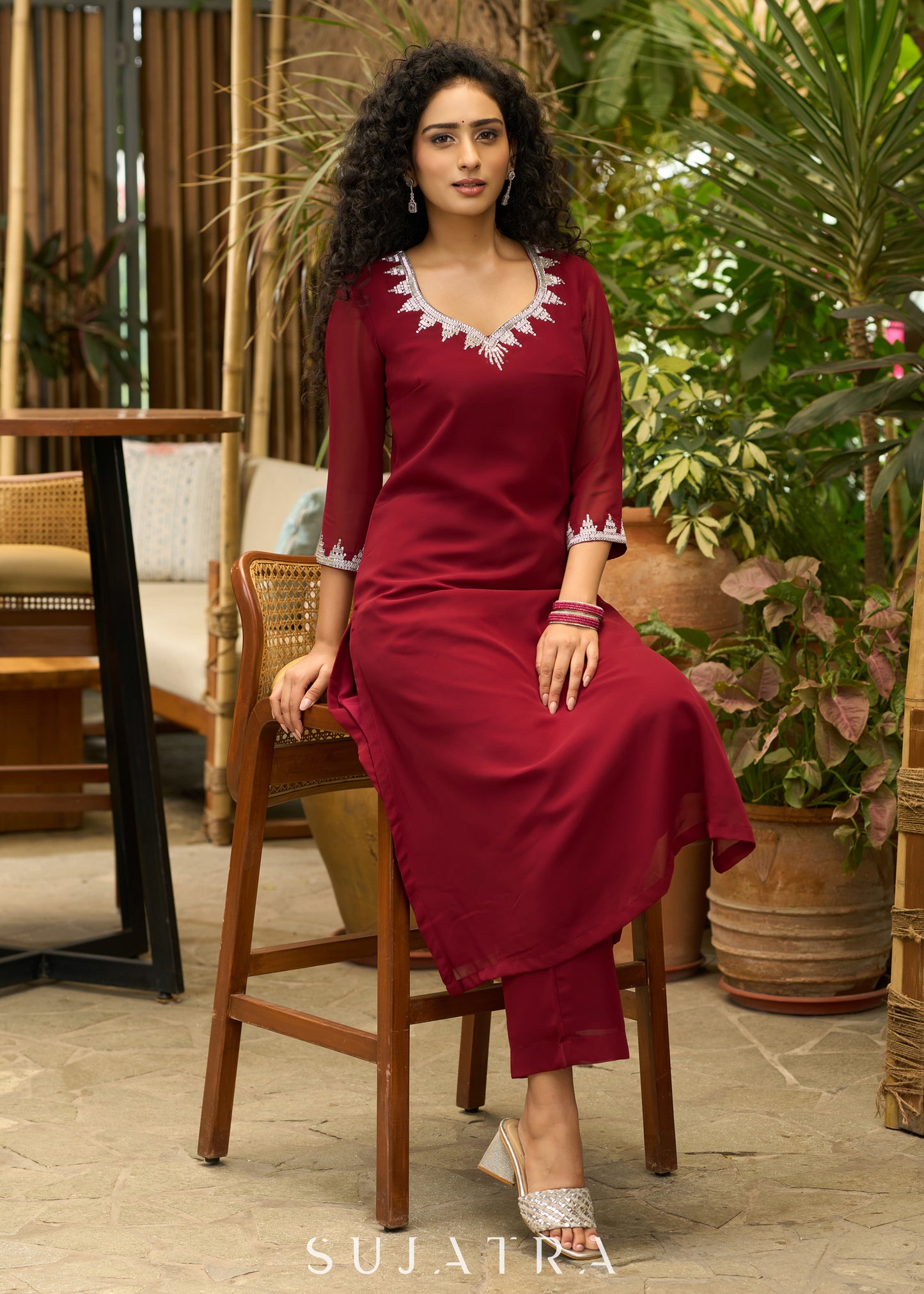 Graceful maroon georgette Kurta with silver stone embellishment