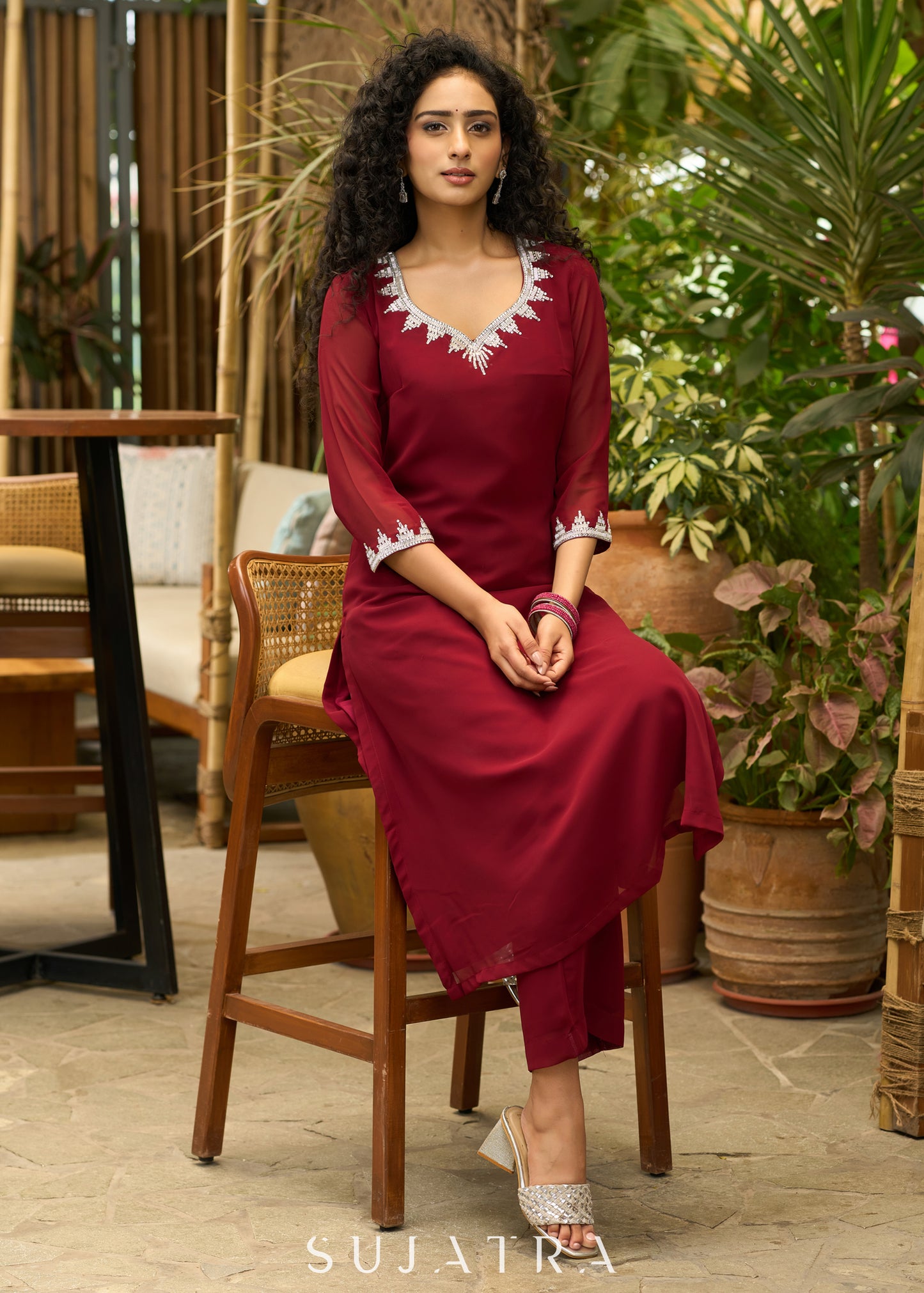 Graceful maroon georgette Kurta with silver stone embellishment