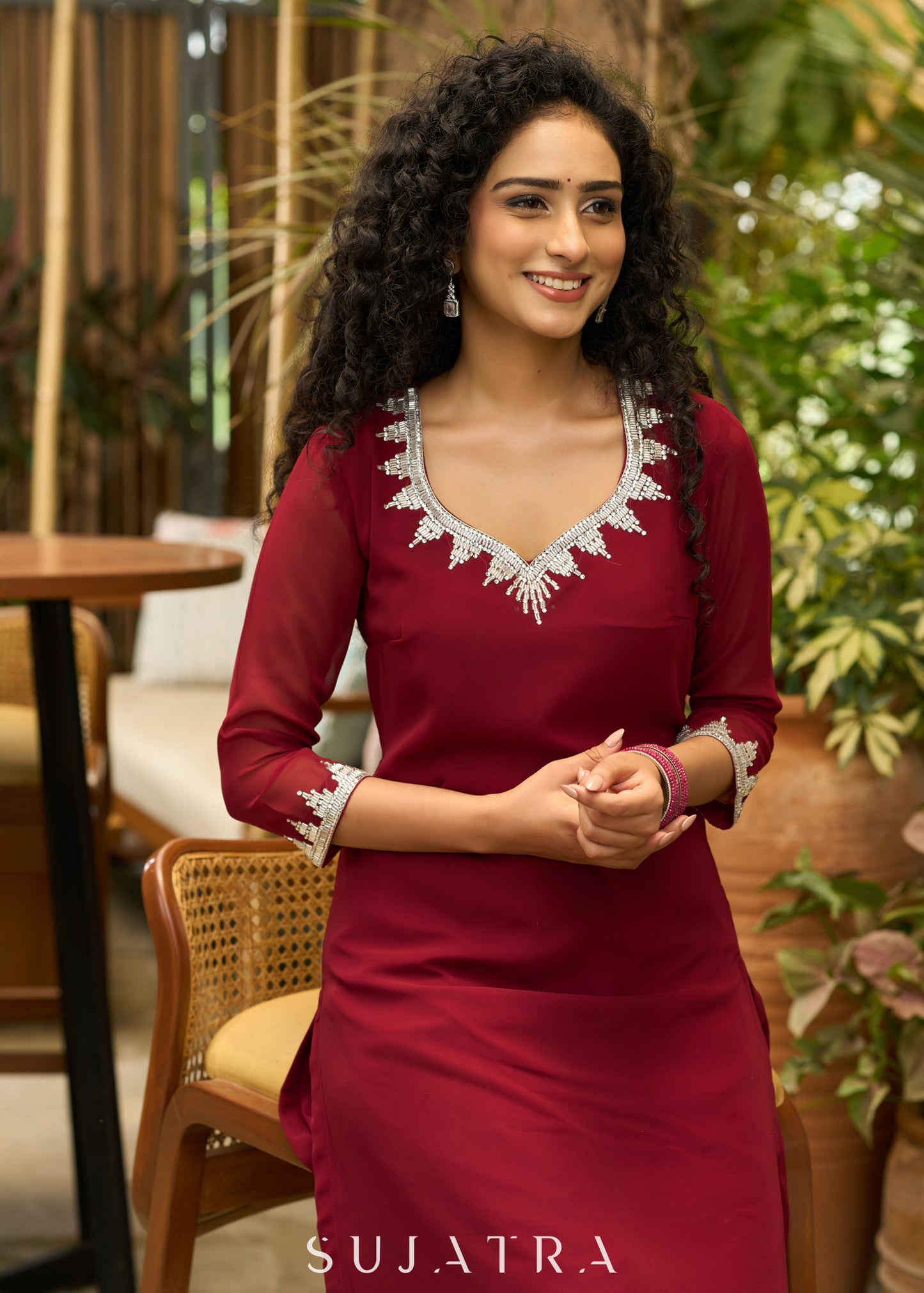 Graceful maroon georgette Kurta with silver stone embellishment