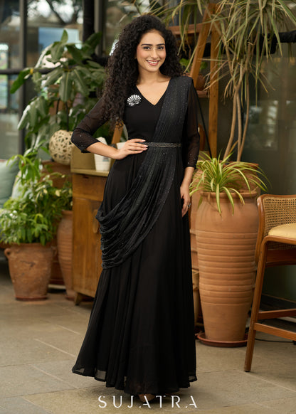 Trendy black georgette saree gown with self embroidered pallu - Brooch optional