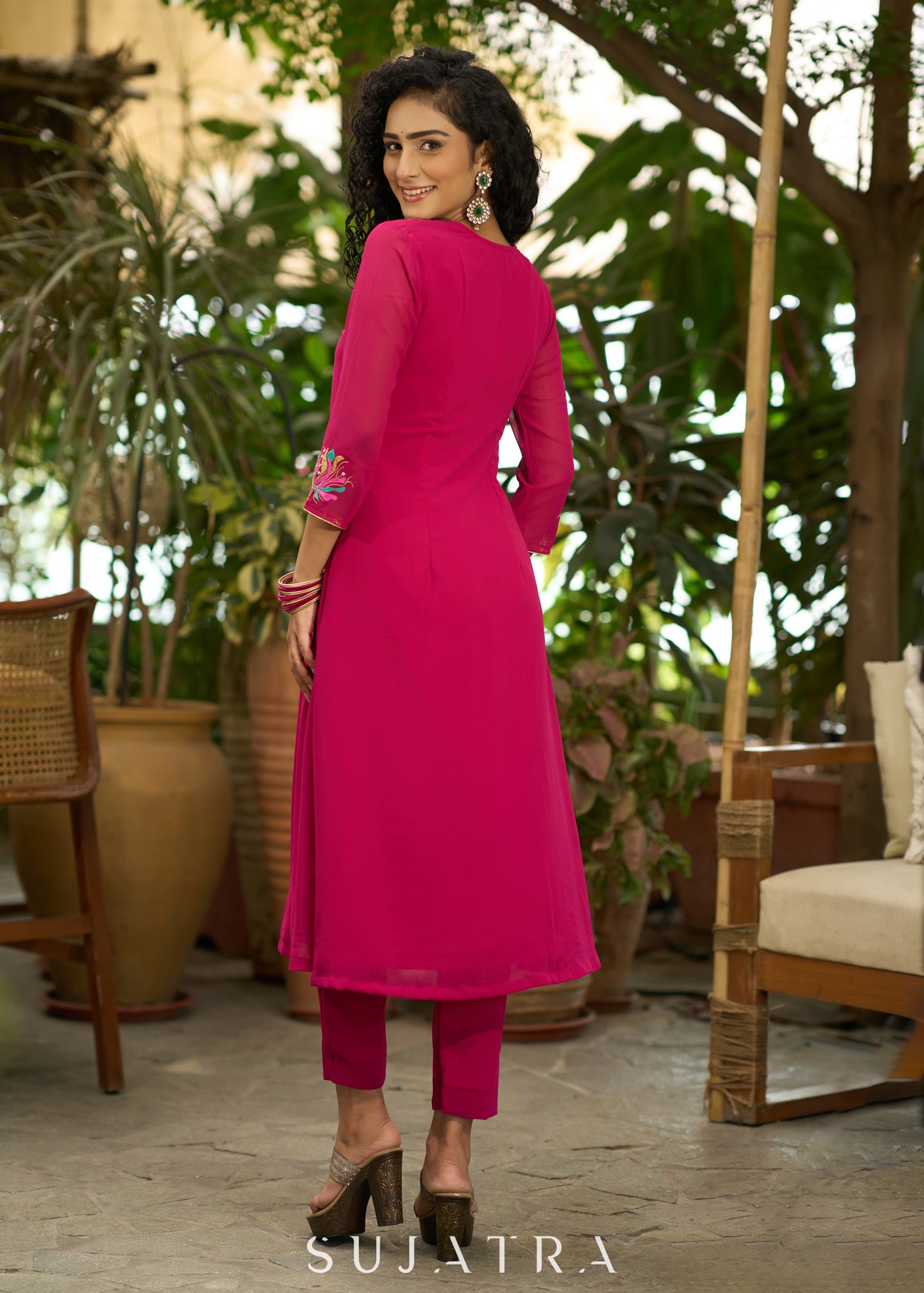 Glamorous magenta georgette kurta with one side floral embroidery