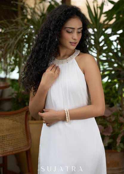 Stylish White halter neck georgette kurta with pearl embroidery