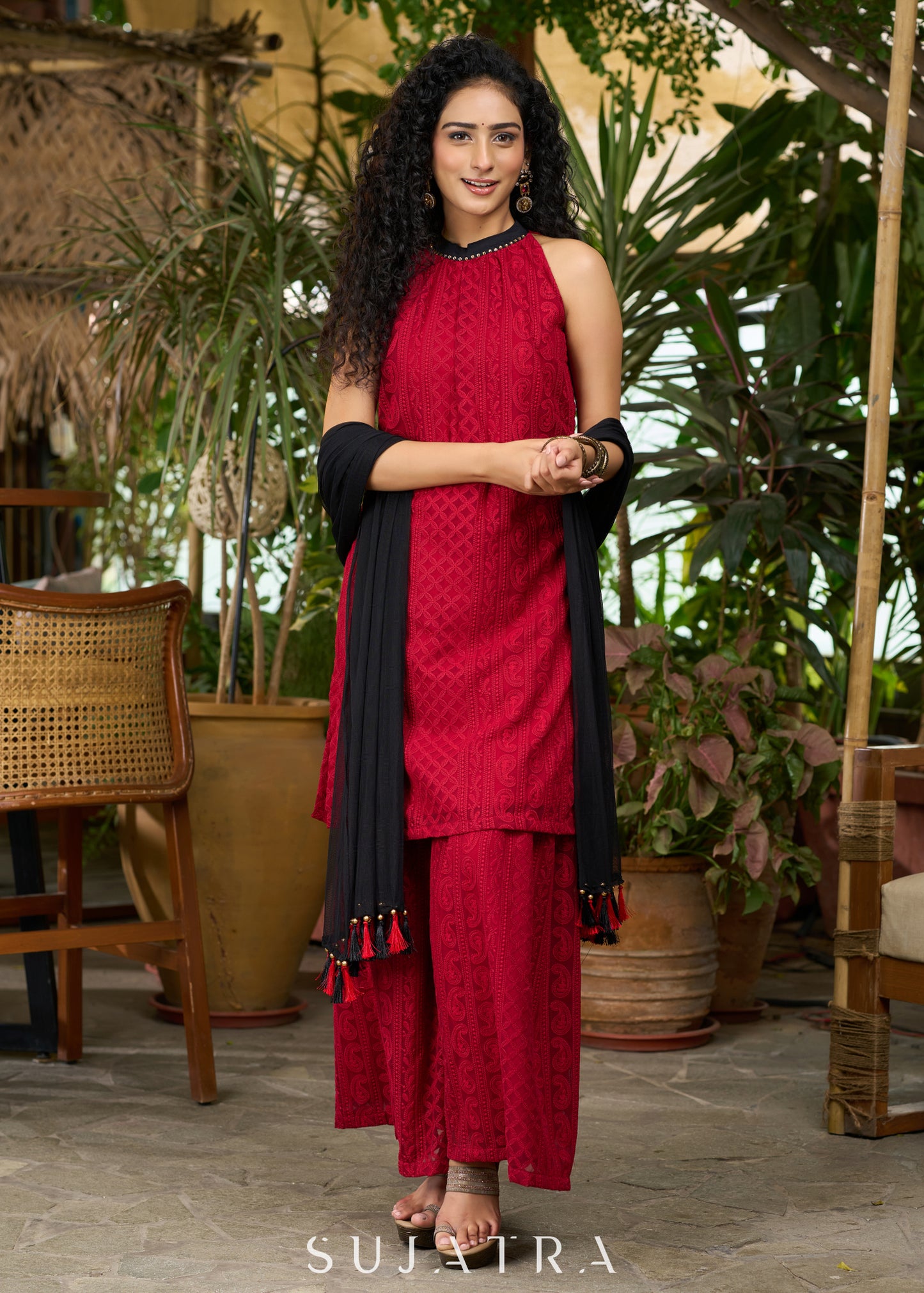Beautiful maroon chikankari halter neck Kurta