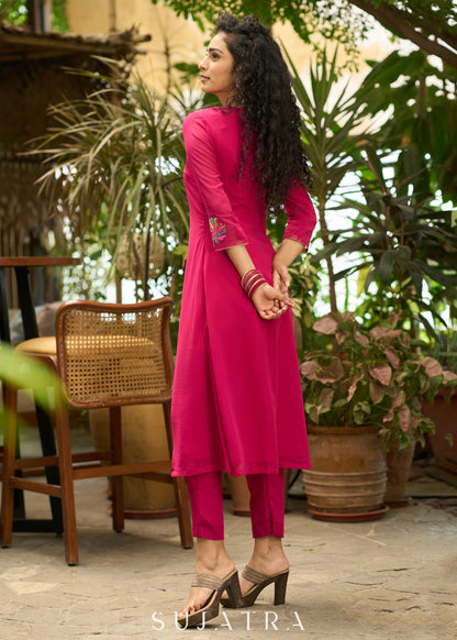 Glamorous magenta georgette kurta with one side floral embroidery
