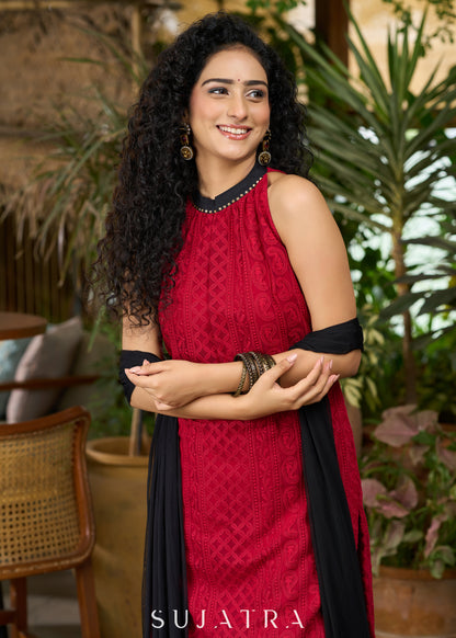 Beautiful maroon chikankari halter neck Kurta