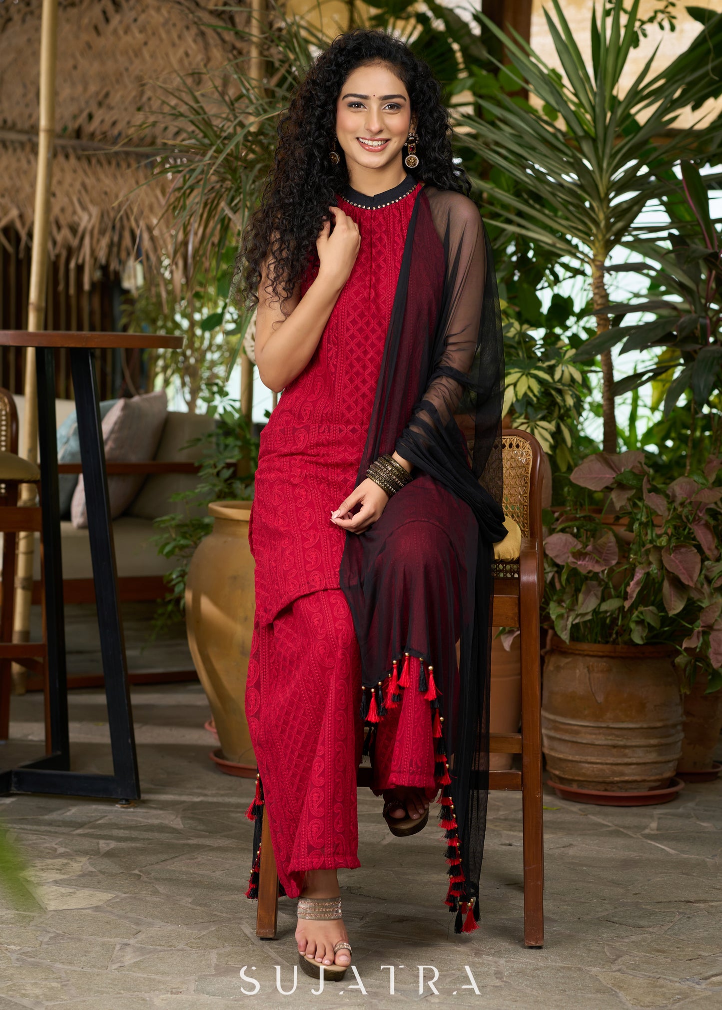 Beautiful maroon chikankari halter neck Kurta