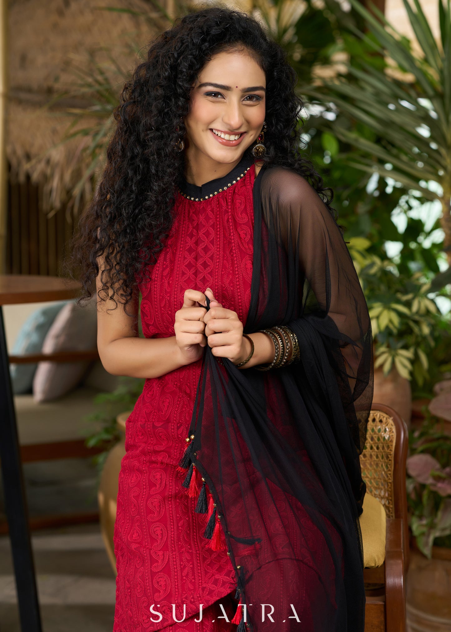 Beautiful maroon chikankari halter neck Kurta