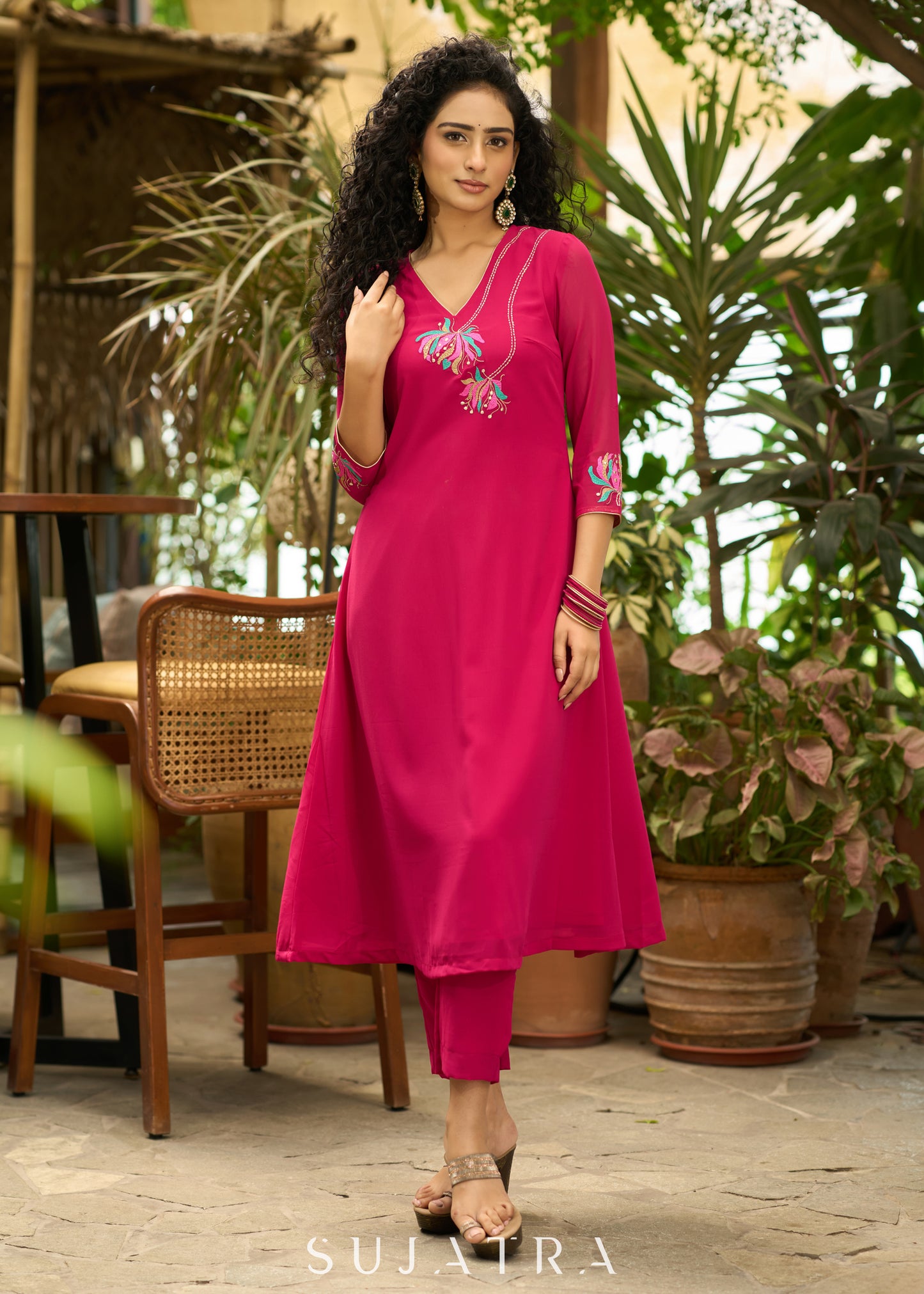 Glamorous magenta georgette kurta with one side floral embroidery