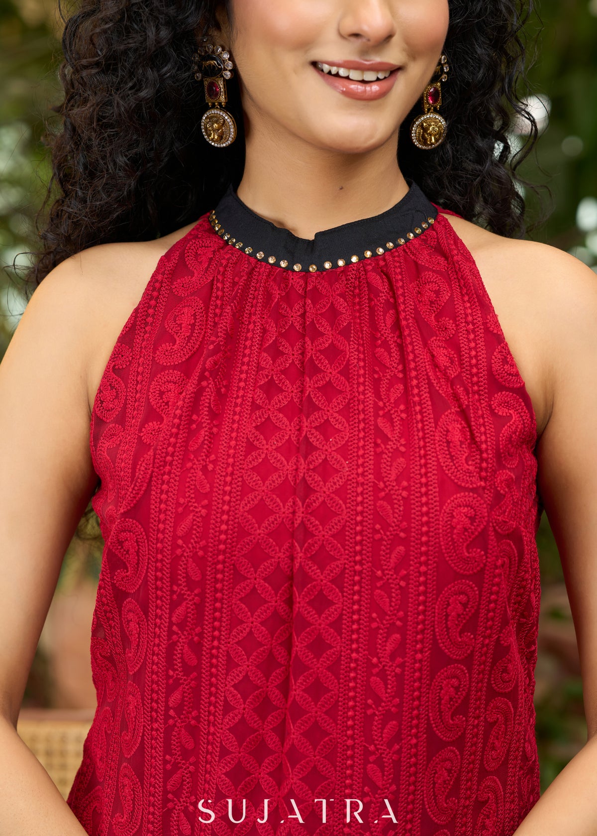 Beautiful maroon embroidered halter neck Kurta - Pant & Dupatta Optional