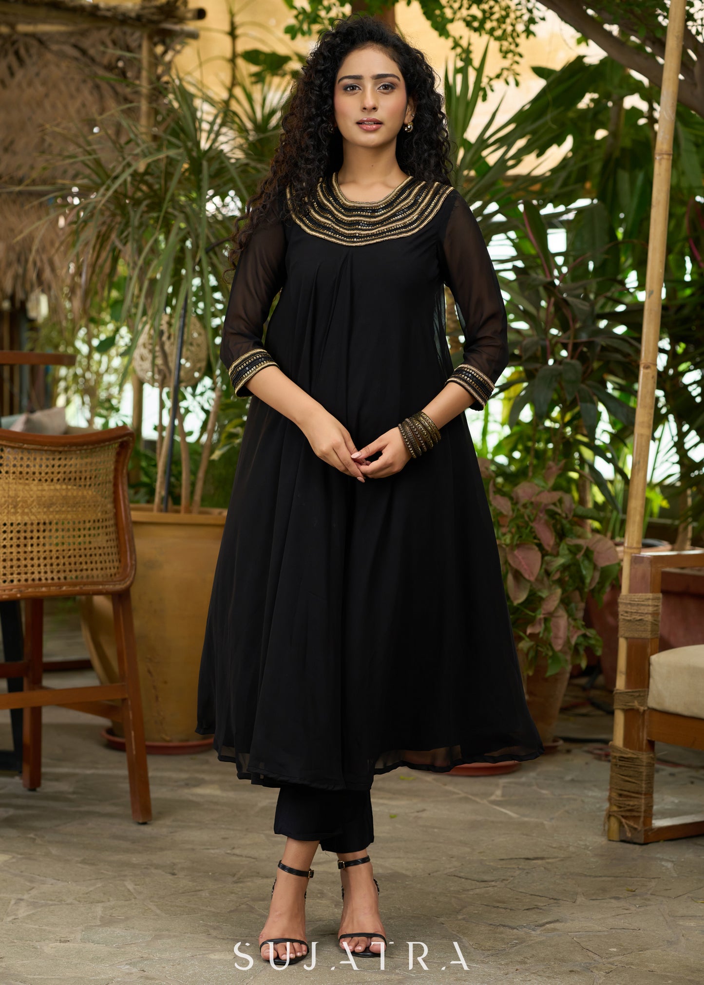 Elegant black georgette Kurta with gold sequence yoke