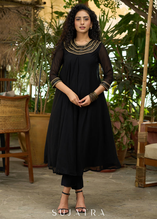 Elegant black georgette Kurta with gold sequence yoke