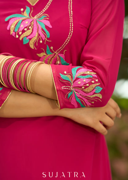 Glamorous magenta georgette kurta with one side floral embroidery