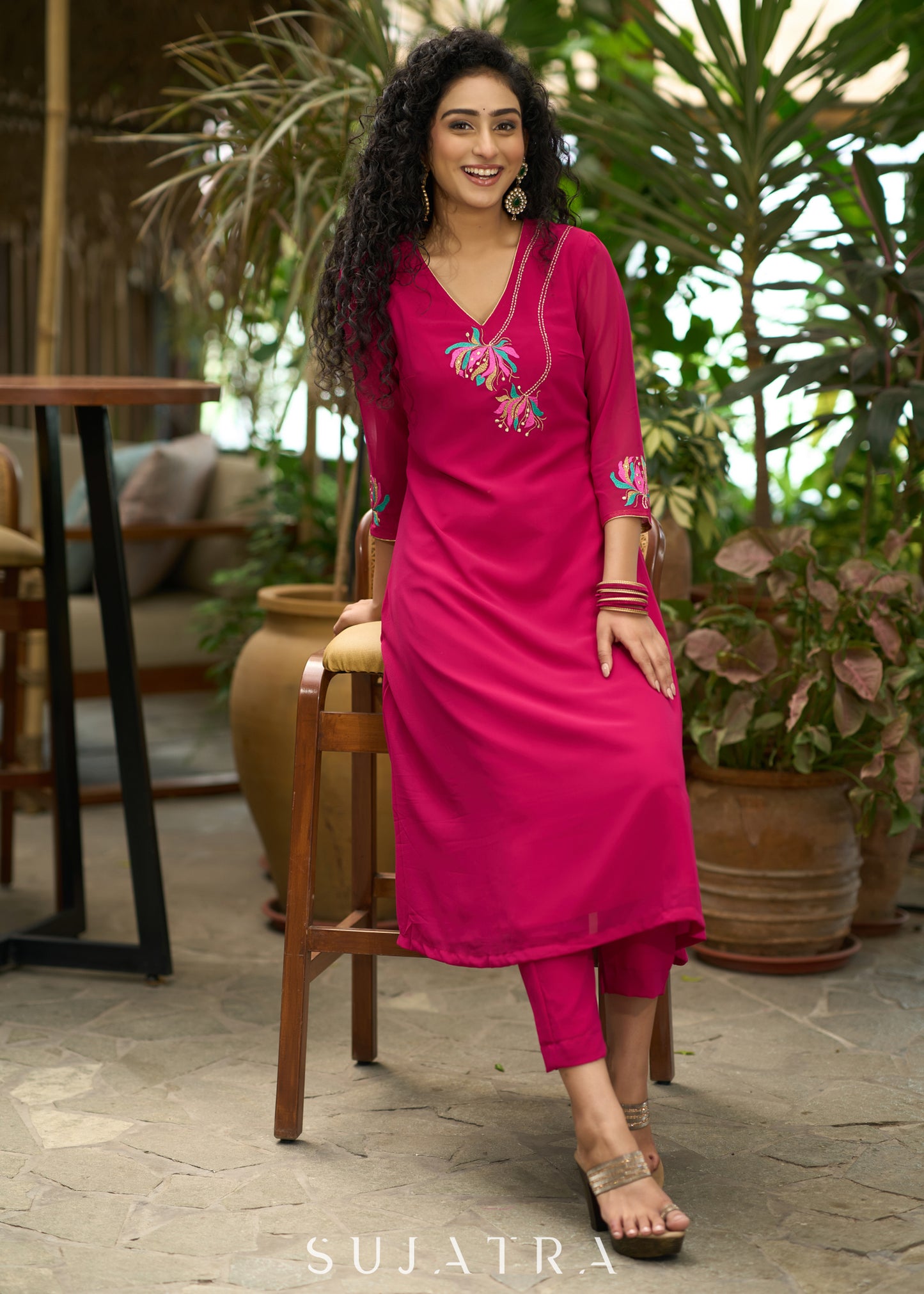 Glamorous magenta georgette kurta with one side floral embroidery