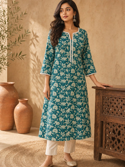 Classic Teal Floral Printed Cotton Kurta with Lace Detailed Neckline & Sleeves