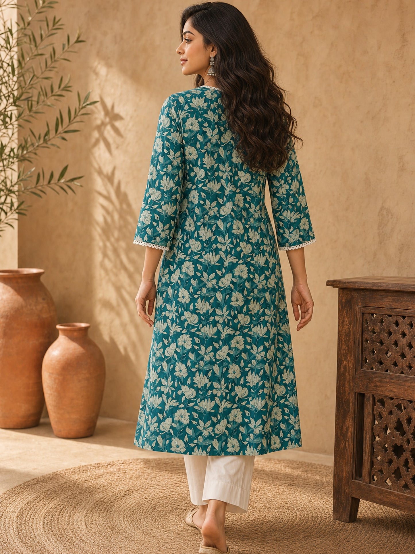Classic Teal Floral Printed Cotton Kurta with Lace Detailed Neckline & Sleeves