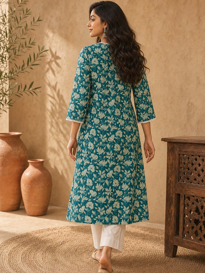Classic Teal Floral Printed Cotton Kurta with Lace Detailed Neckline & Sleeves
