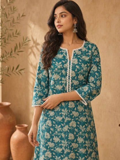 Classic Teal Floral Printed Cotton Kurta with Lace Detailed Neckline & Sleeves