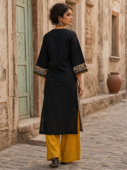 Regal Black Cotton Kurta with Statement Gold Paisley Embroidered Neckline & Kalamkari Panel & Cuff Detail