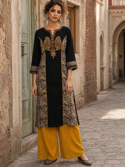 Regal Black Cotton Kurta with Statement Gold Paisley Embroidered Neckline & Kalamkari Panel & Cuff Detail