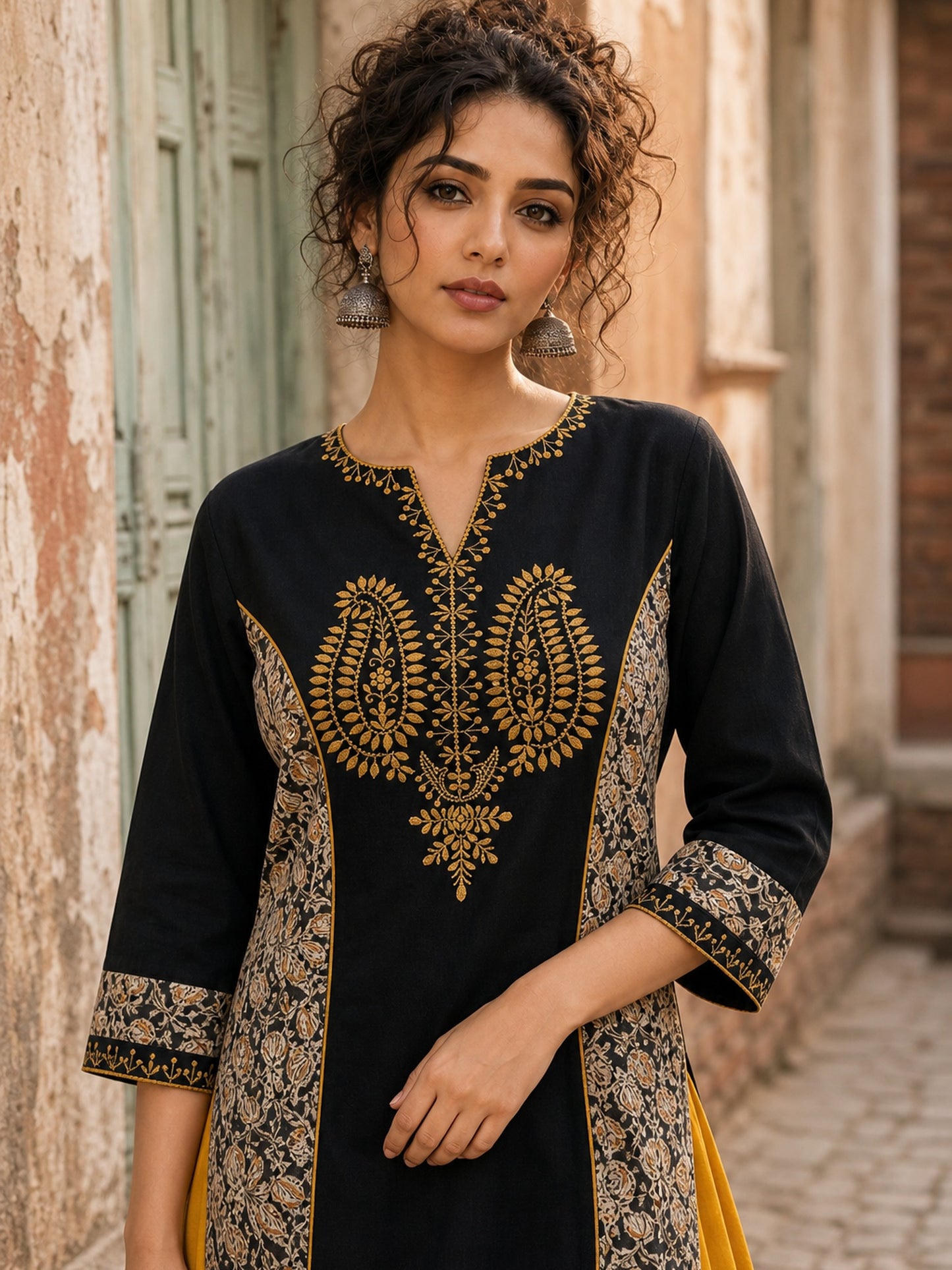 Regal Black Cotton Kurta with Statement Gold Paisley Embroidered Neckline & Kalamkari Panel & Cuff Detail