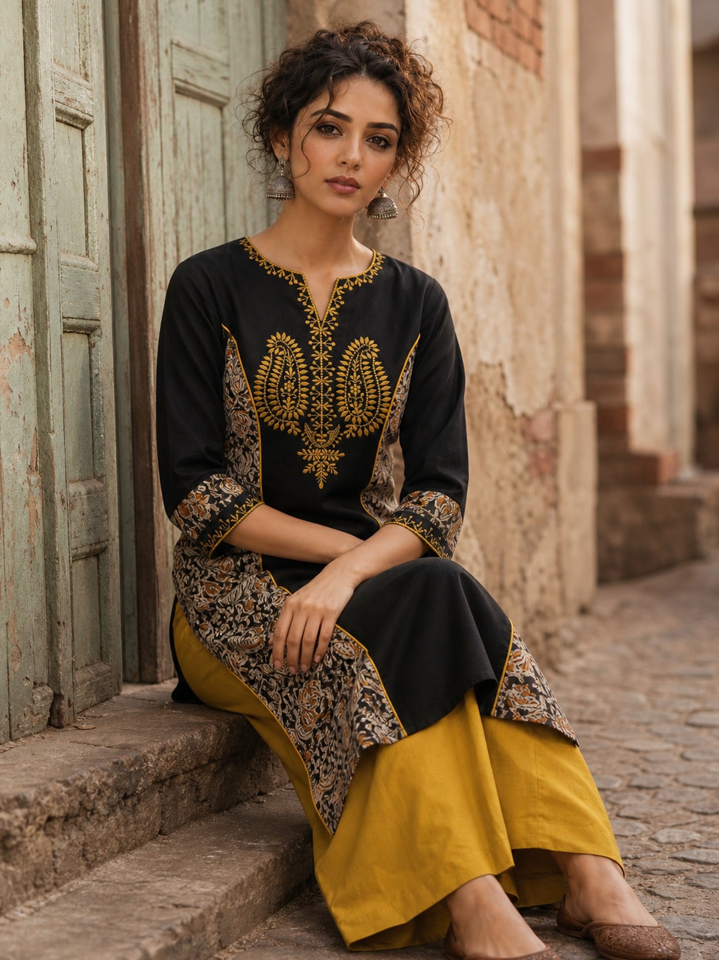 Regal Black Cotton Kurta with Statement Gold Paisley Embroidered Neckline & Kalamkari Panel & Cuff Detail