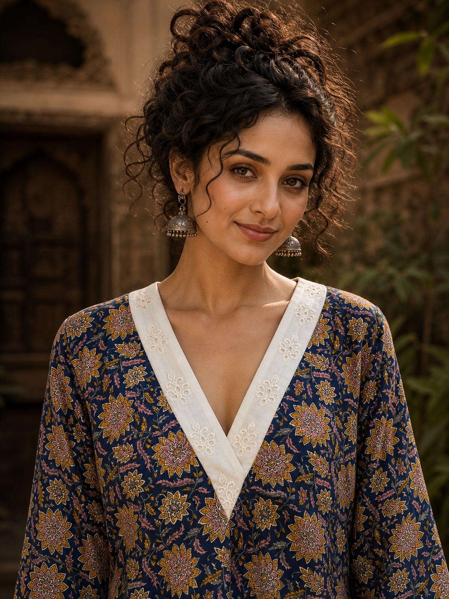 Navy Blue Floral Print Short Kurta with White Hakoba V-Neck Trim & Bell Sleeves