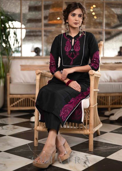 Elegant Black Cotton Silk Kurta With Magenta Embroidery All Over -  Pant Optional