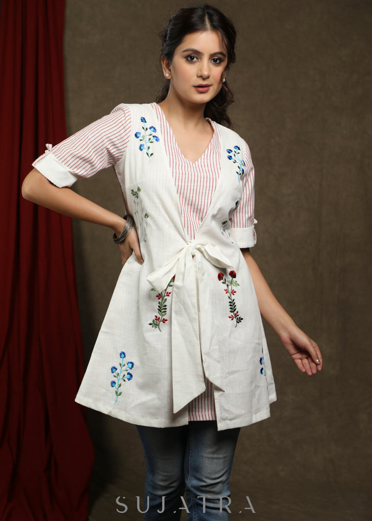 Dressy White striped attached jacket style tunic with floral embroidery
