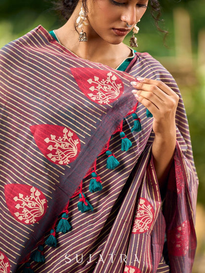 Contemporary Teal and Pink Striped Cotton Saree with Dual-Tone Effect and Hand Block Print Motifs
