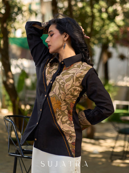 Charcoal Black Cotton Shirt with Asymmetrical Kalamkari Floral Panel