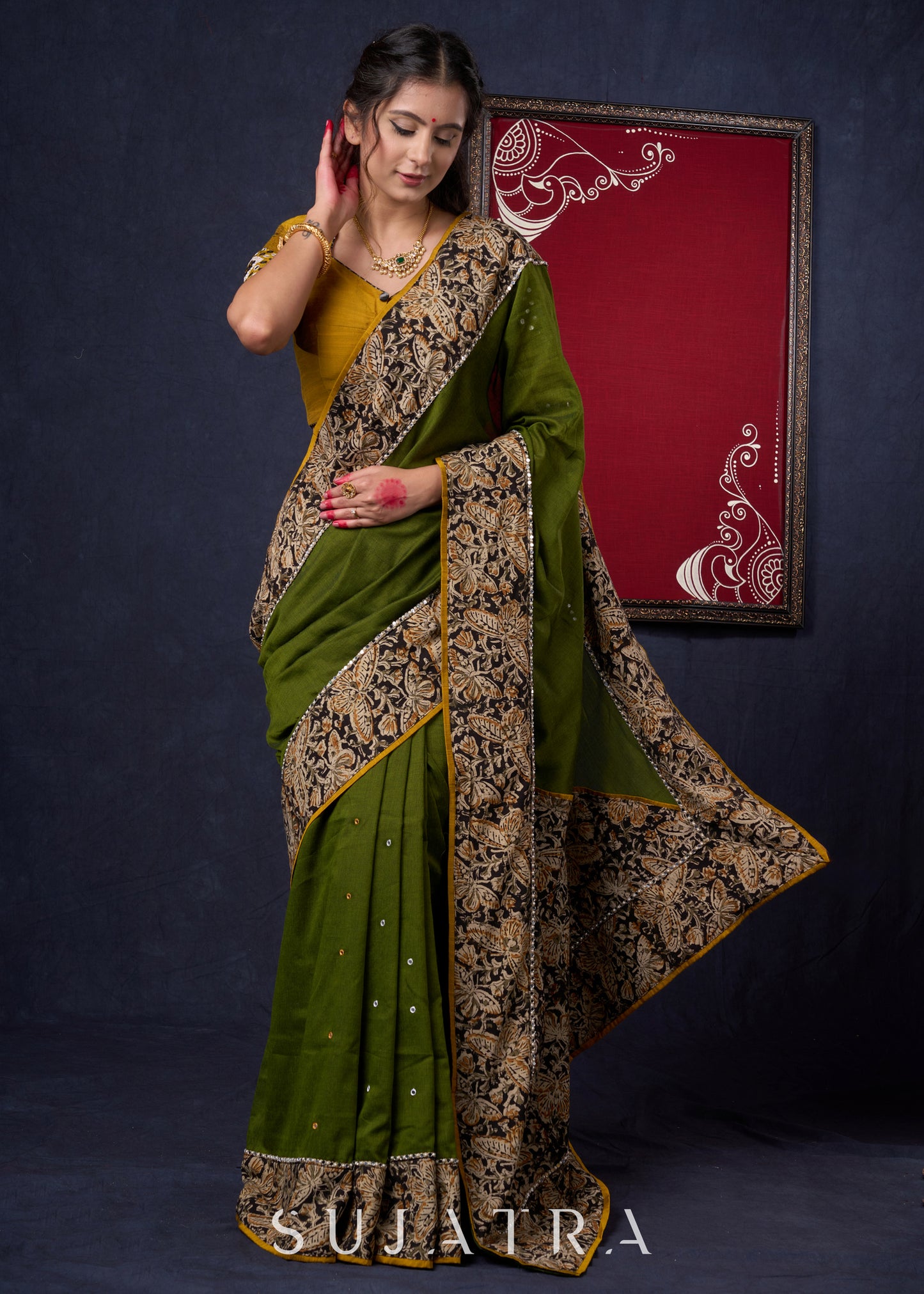 Regal Moss Green Cotton Saree with Kalamkari Border Highlighted with Abla work & Zari