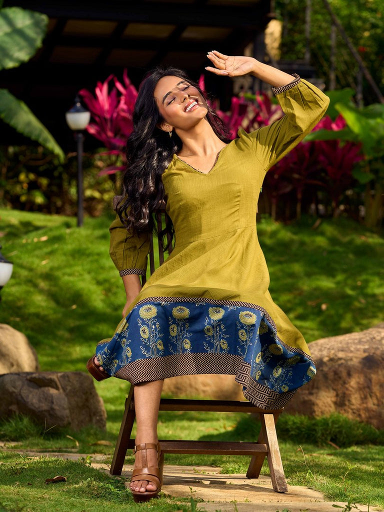 Olive Green Dress with Contrast Ajrakh Handblock Print Border and Puff Sleeves