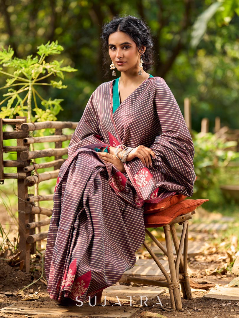 Contemporary Teal and Pink Striped Cotton Saree with Dual-Tone Effect and Hand Block Print Motifs