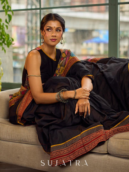 Elegant Black Cotton Saree with Ajrakh Print & Kalamkari Painted Border