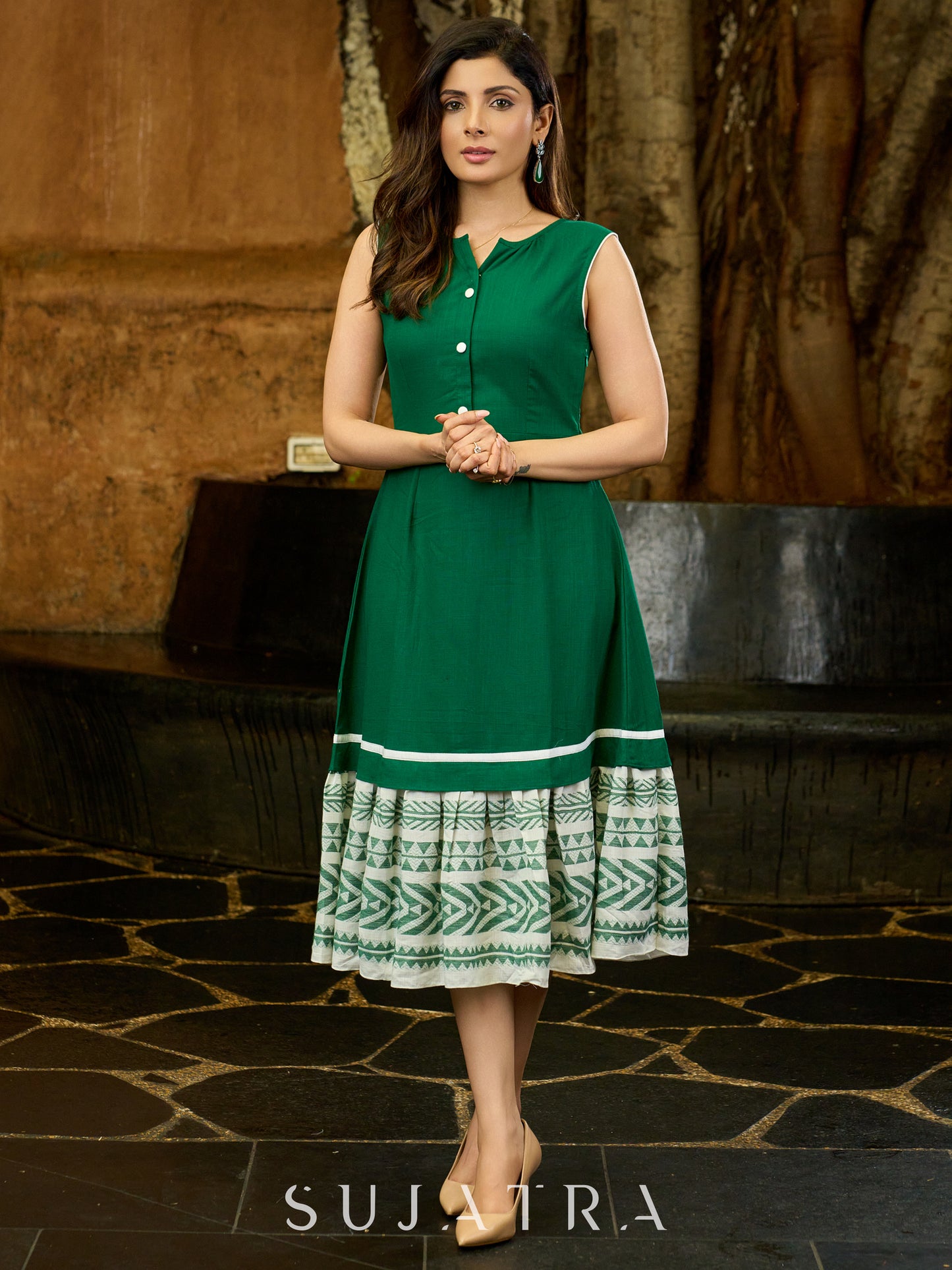 Fern Sleeveless Dress with Jamdani and Slub Weave