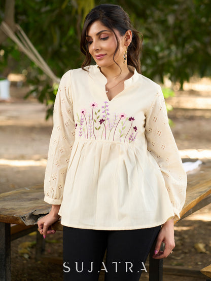 Luxe Off White Handloom Cotton Top with Graceful Hakoba Sleeves & Intricate Floral Embroidered Yoke