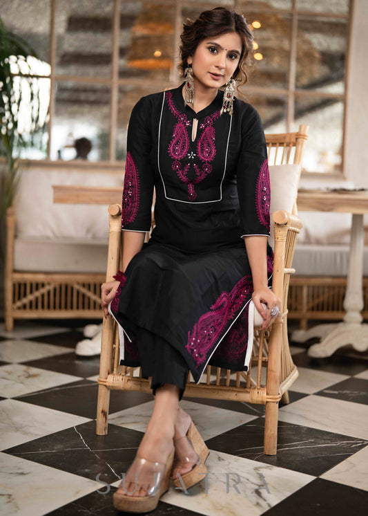 Elegant Black Cotton Silk Kurta With Magenta Embroidery All Over -  Pant Optional