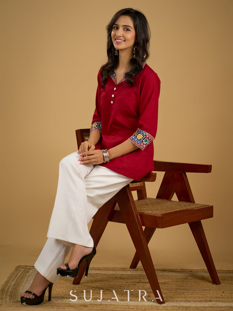 Cotton lapel collar top with stunning Madhubani hand-painted detail