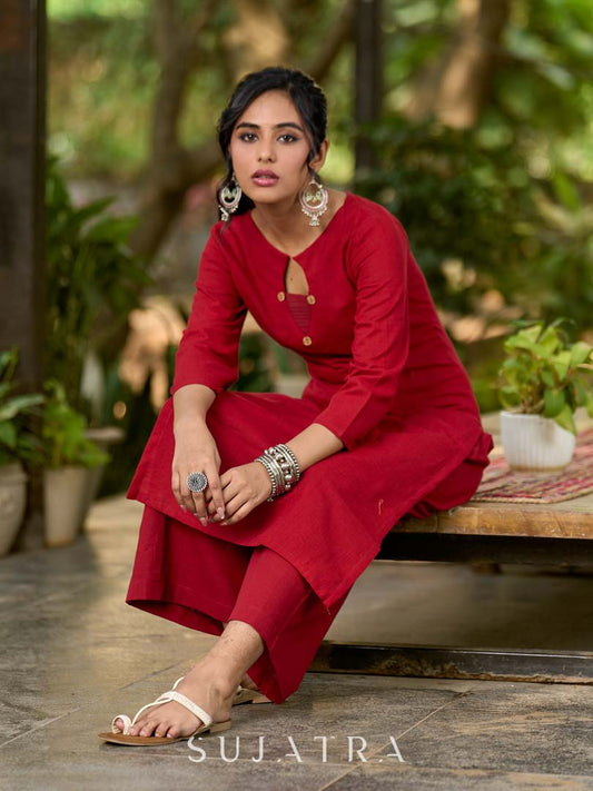 Deep Maroon Cotton Kurta with Subtle Front Button Detail