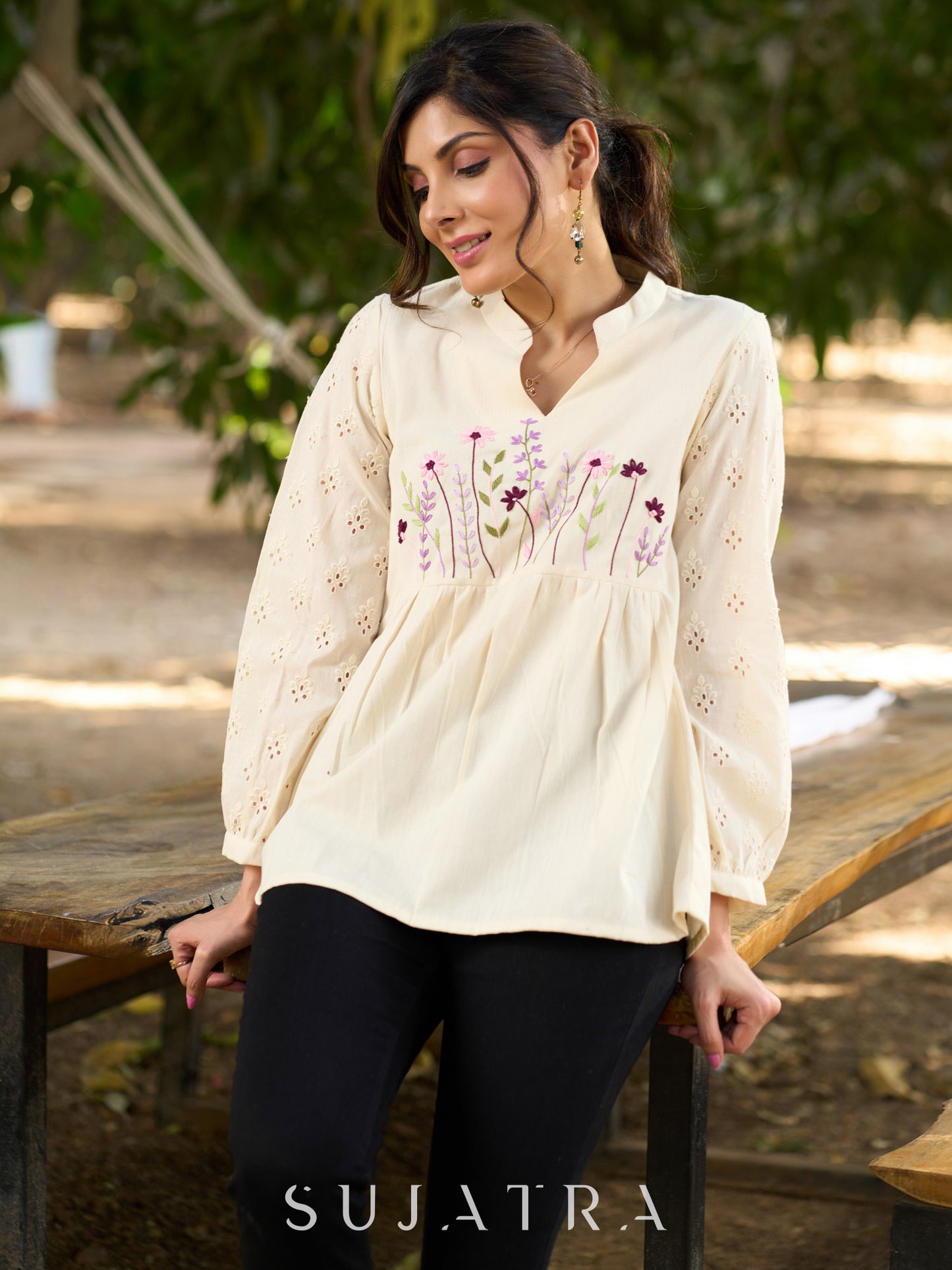 Luxe Off White Handloom Cotton Top with Graceful Hakoba Sleeves & Intricate Floral Embroidered Yoke