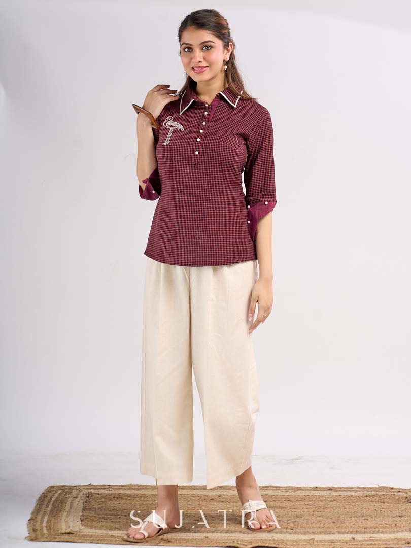 Maroon Cotton Contemporary Top with Embroidered Flamingo and Button Down Yoke