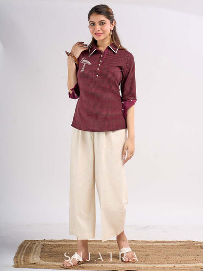 Maroon Cotton Contemporary Top with Embroidered Flamingo and Button Down Yoke