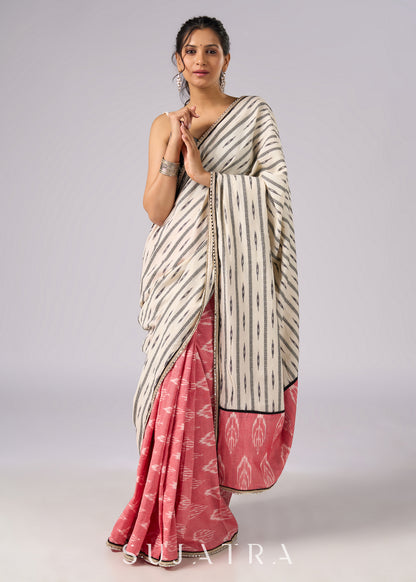 Classy white & pink Ikat combination cotton saree with zari highlights