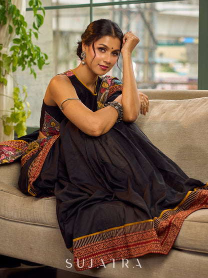 Elegant Black Cotton Saree with Ajrakh Print & Kalamkari Painted Border
